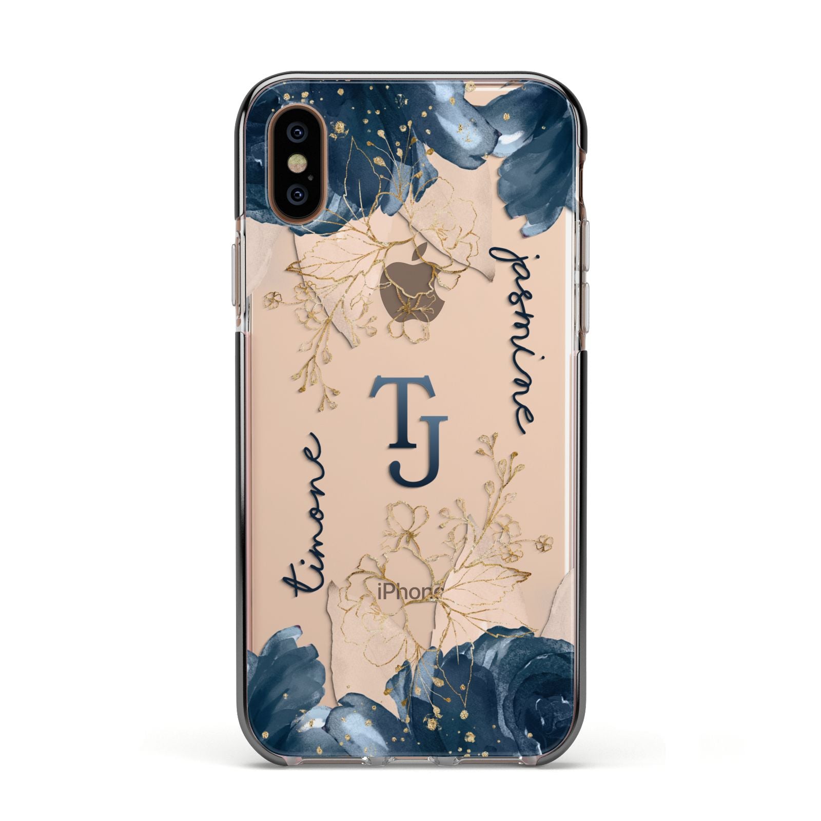 Monogrammed Florals Apple iPhone Xs Impact Case Black Edge on Gold Phone