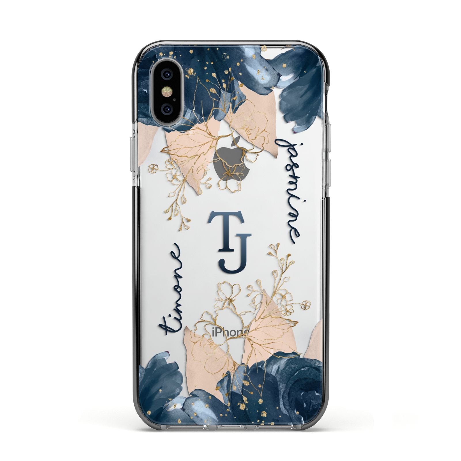 Monogrammed Florals Apple iPhone Xs Impact Case Black Edge on Silver Phone