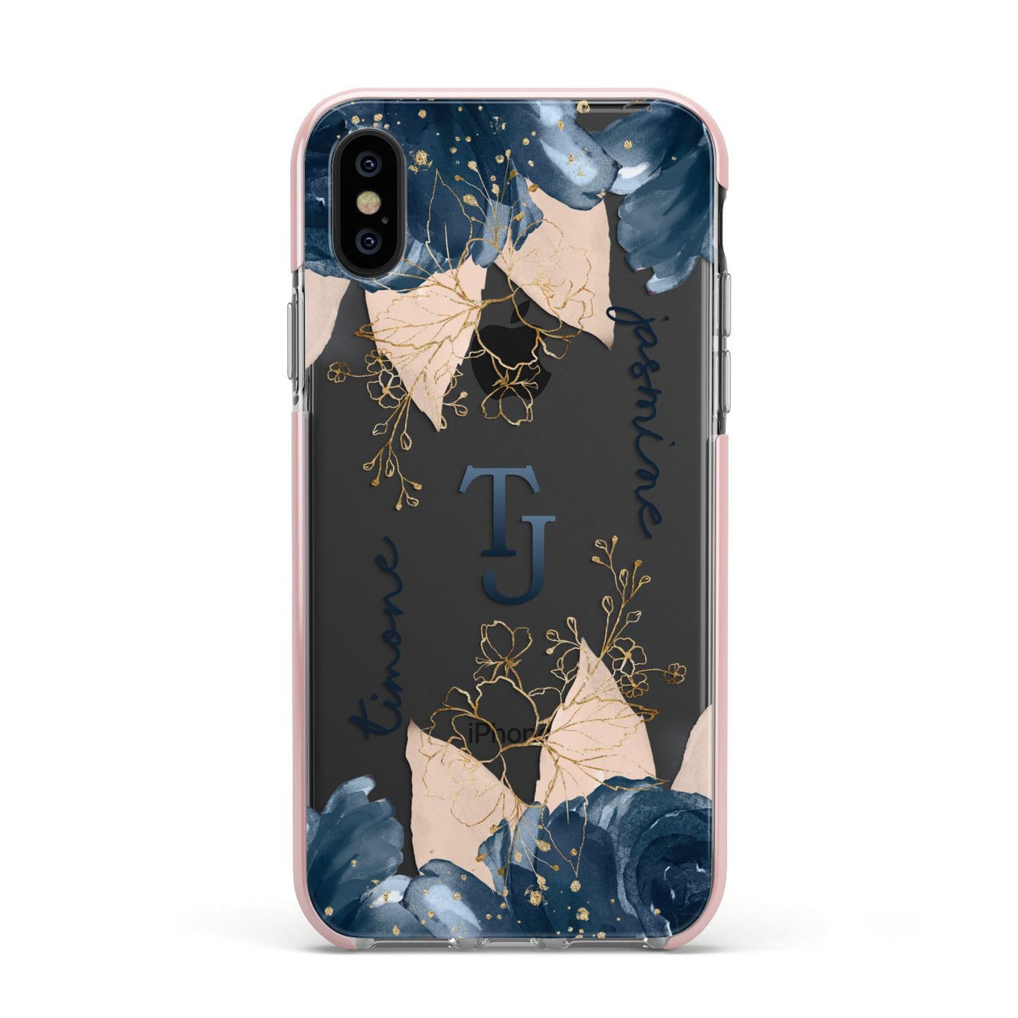 Monogrammed Florals Apple iPhone Xs Impact Case Pink Edge on Black Phone