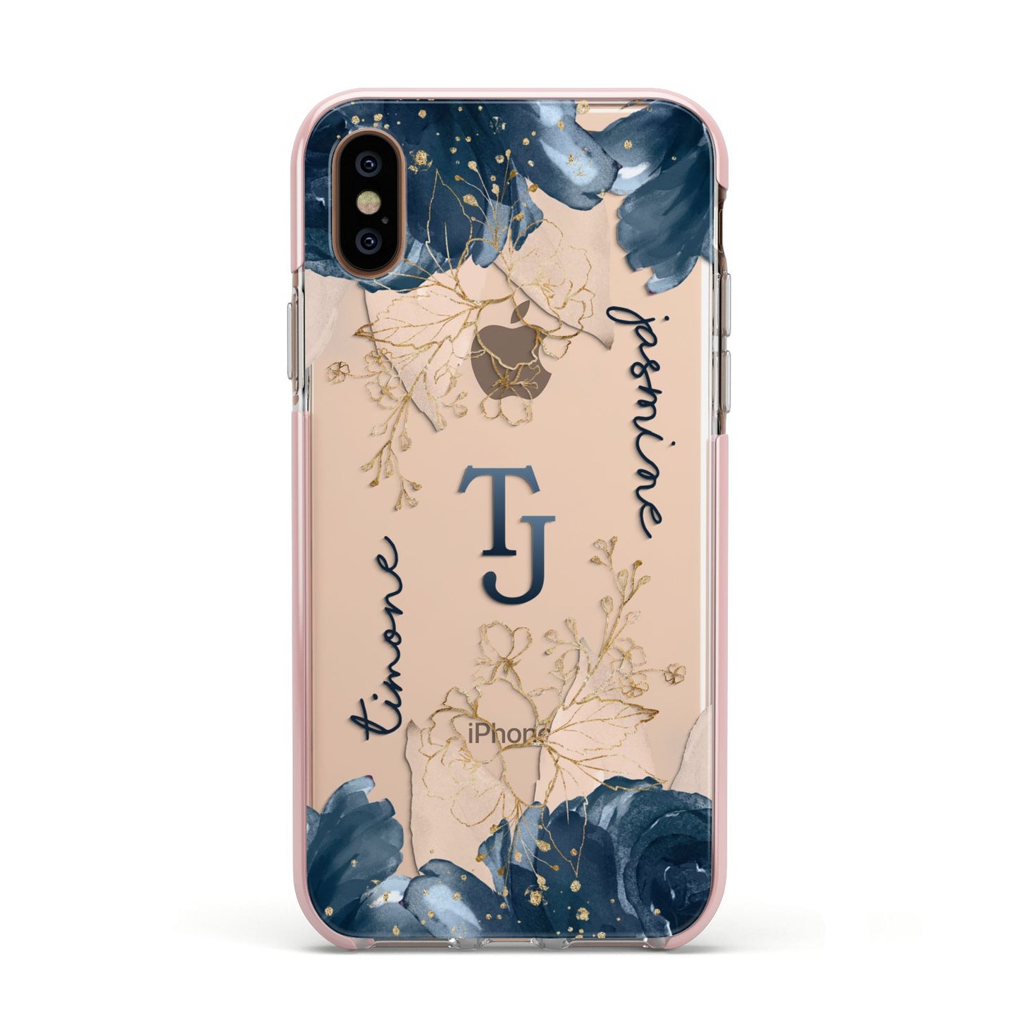 Monogrammed Florals Apple iPhone Xs Impact Case Pink Edge on Gold Phone