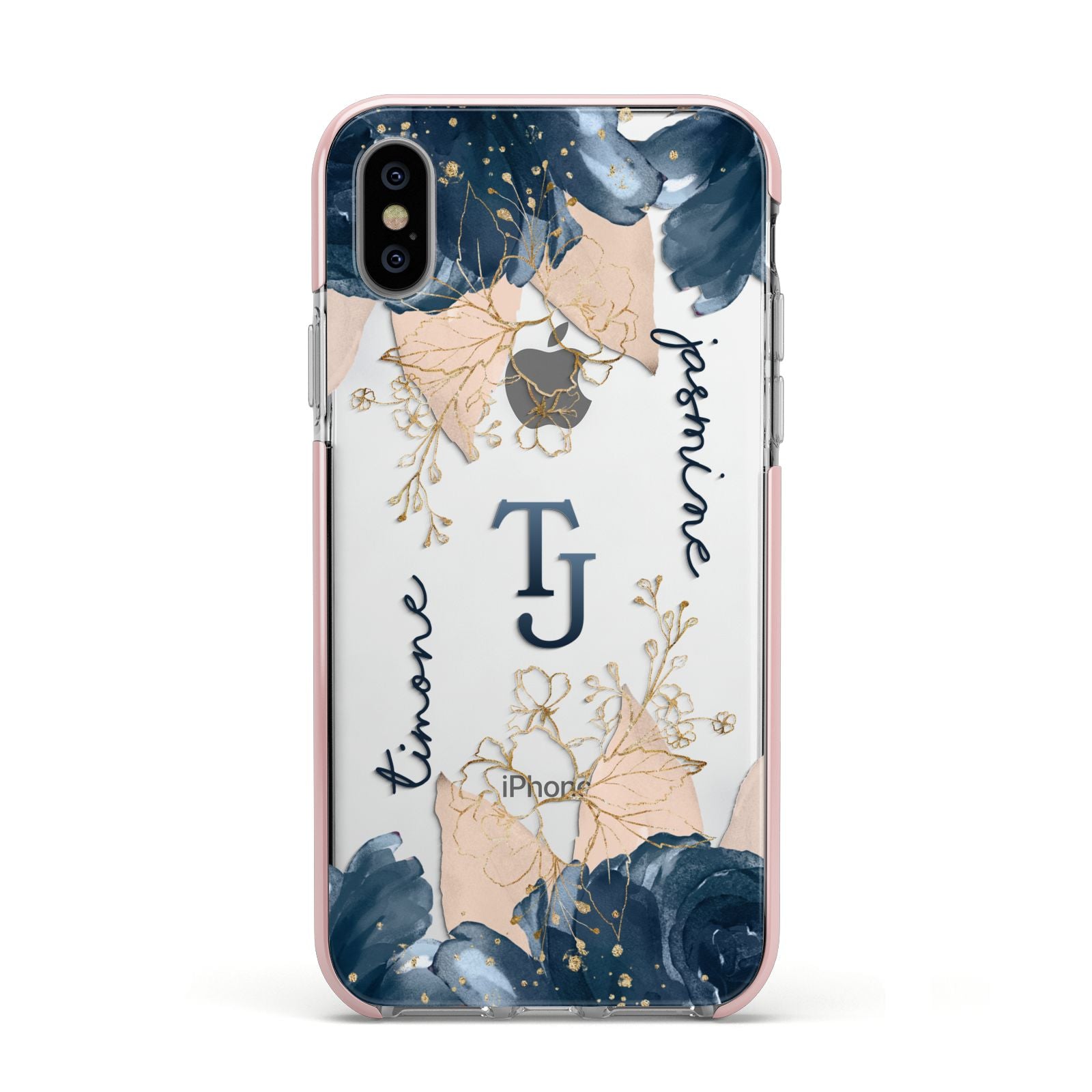 Monogrammed Florals Apple iPhone Xs Impact Case Pink Edge on Silver Phone