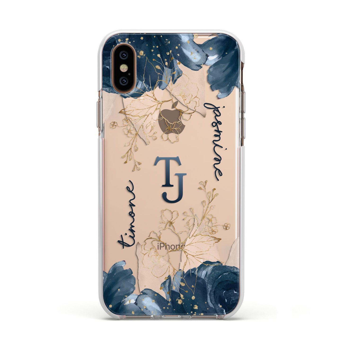 Monogrammed Florals Apple iPhone Xs Impact Case White Edge on Gold Phone
