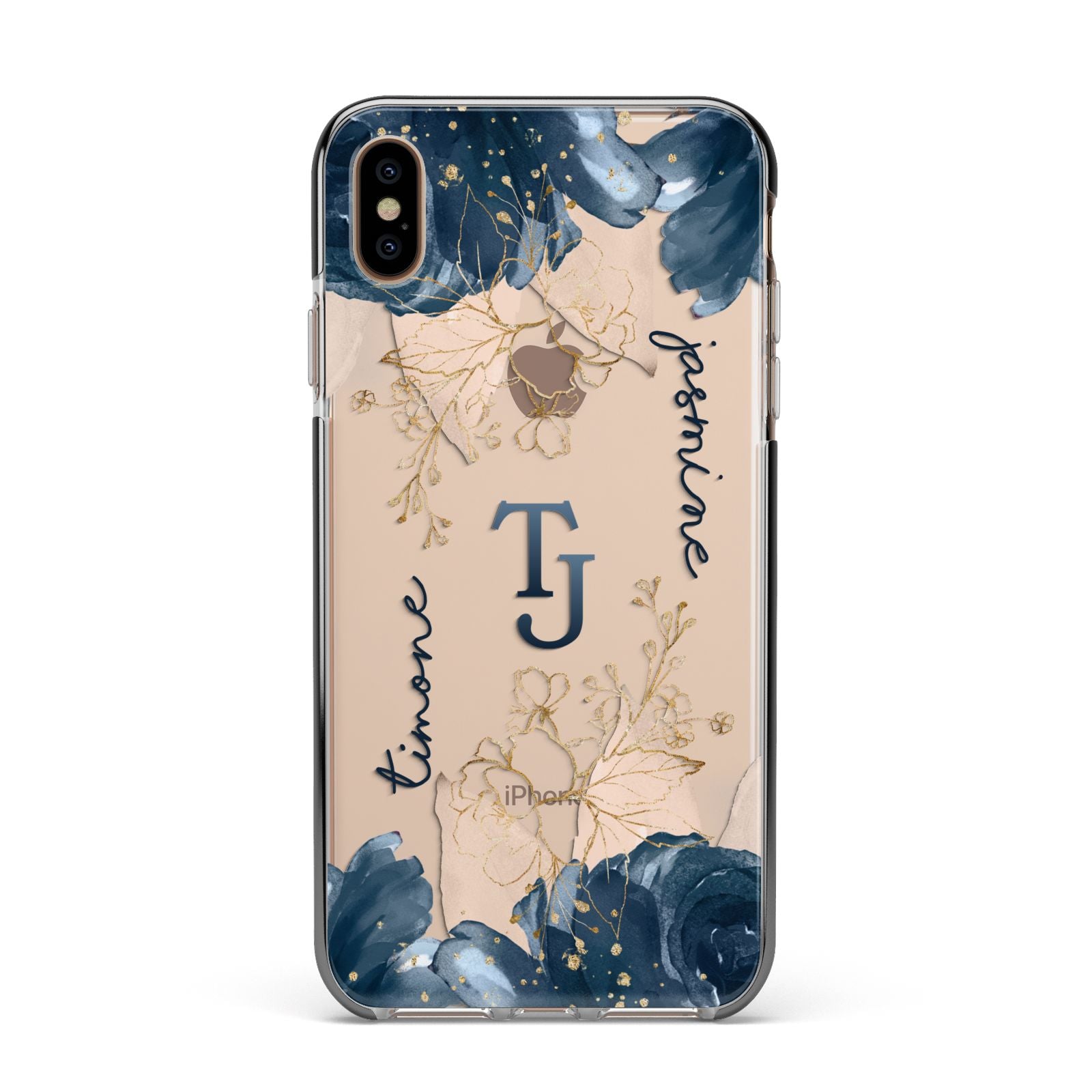 Monogrammed Florals Apple iPhone Xs Max Impact Case Black Edge on Gold Phone