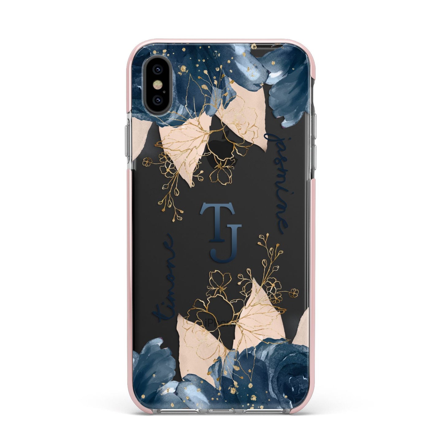 Monogrammed Florals Apple iPhone Xs Max Impact Case Pink Edge on Black Phone