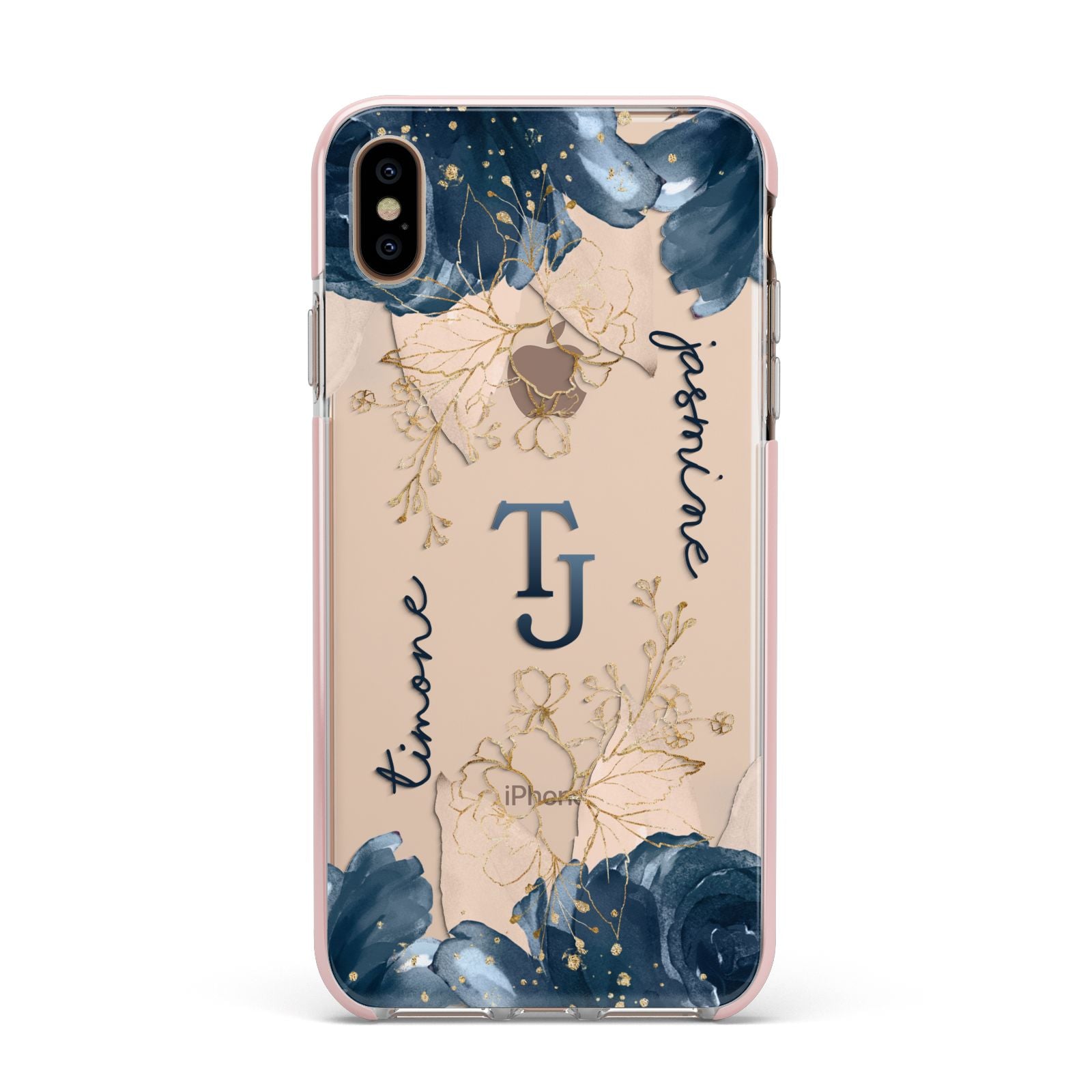 Monogrammed Florals Apple iPhone Xs Max Impact Case Pink Edge on Gold Phone
