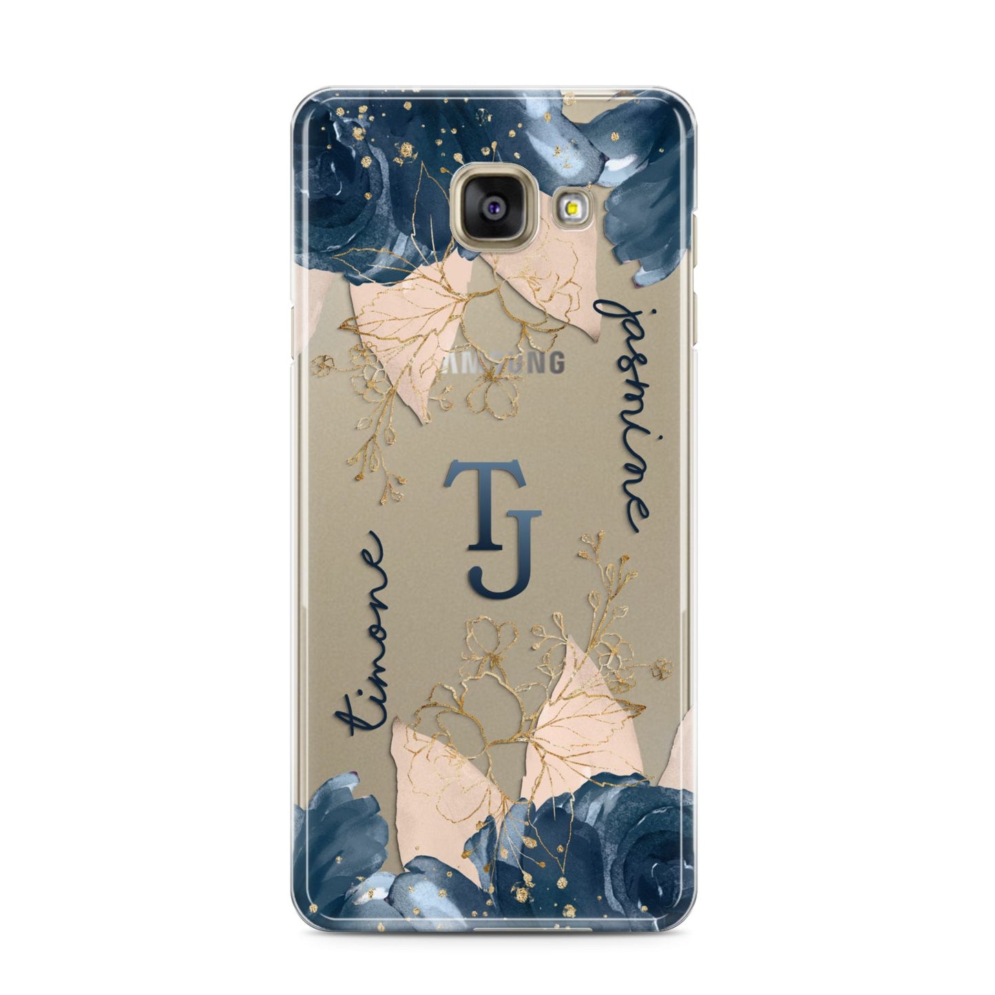Monogrammed Florals Samsung Galaxy A3 2016 Case on gold phone