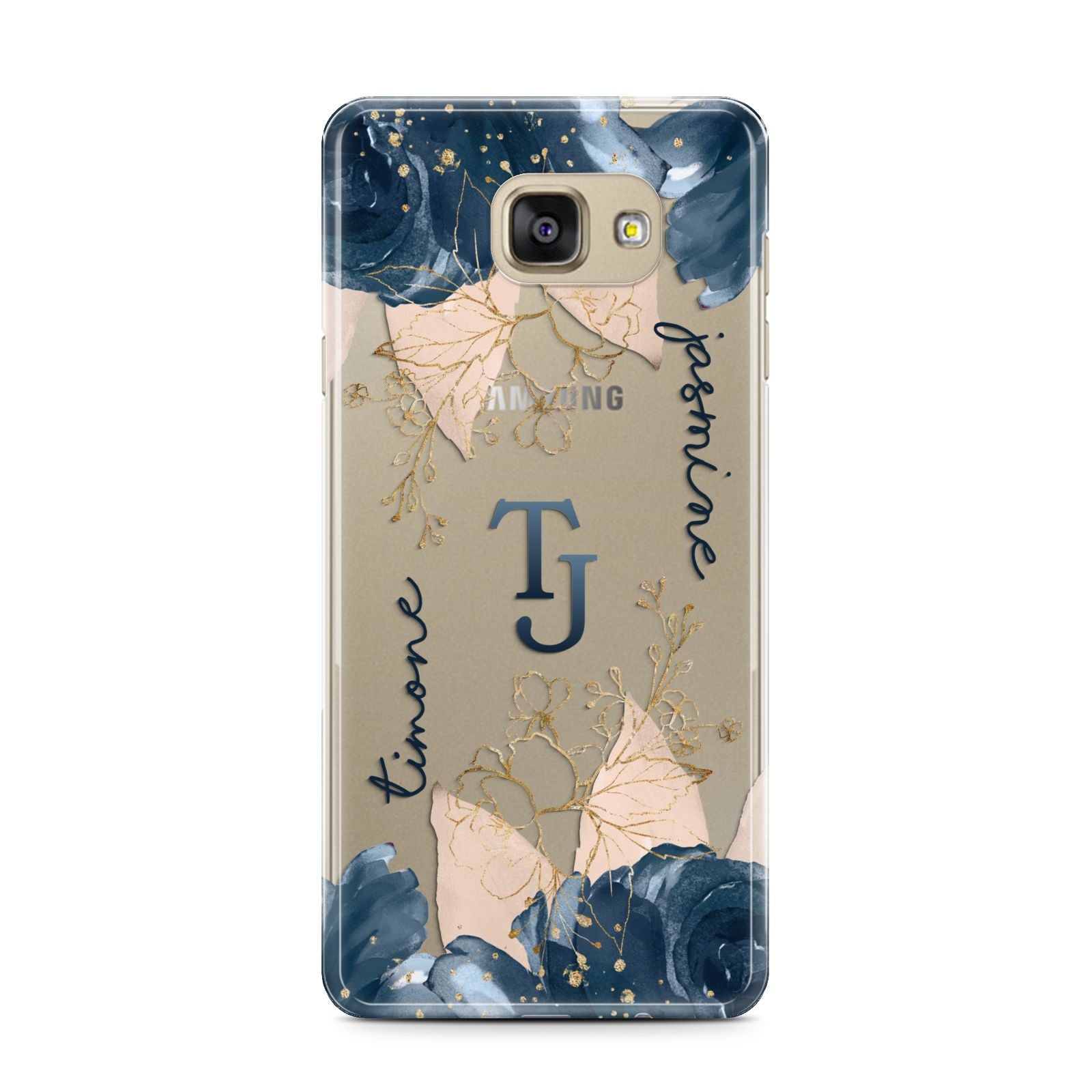 Monogrammed Florals Samsung Galaxy A7 2016 Case on gold phone