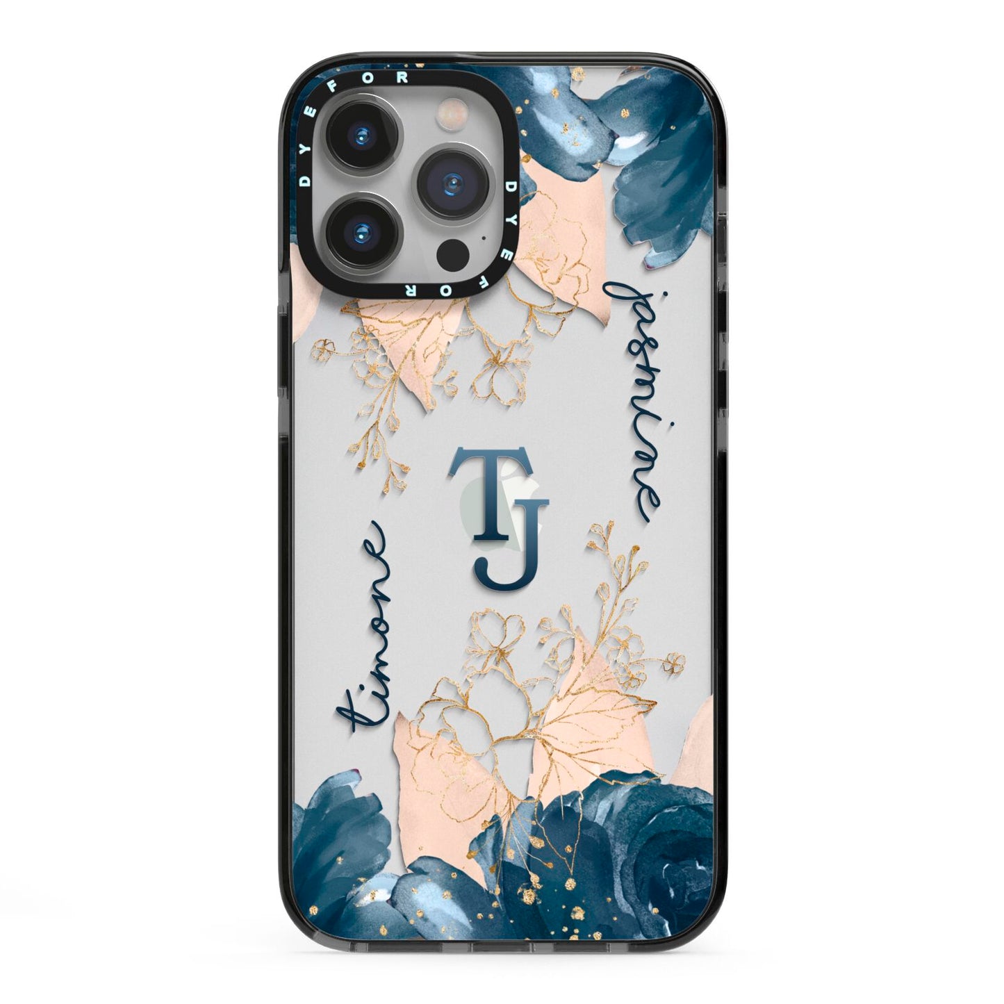 Monogrammed Florals iPhone 13 Pro Max Black Impact Case on Silver phone