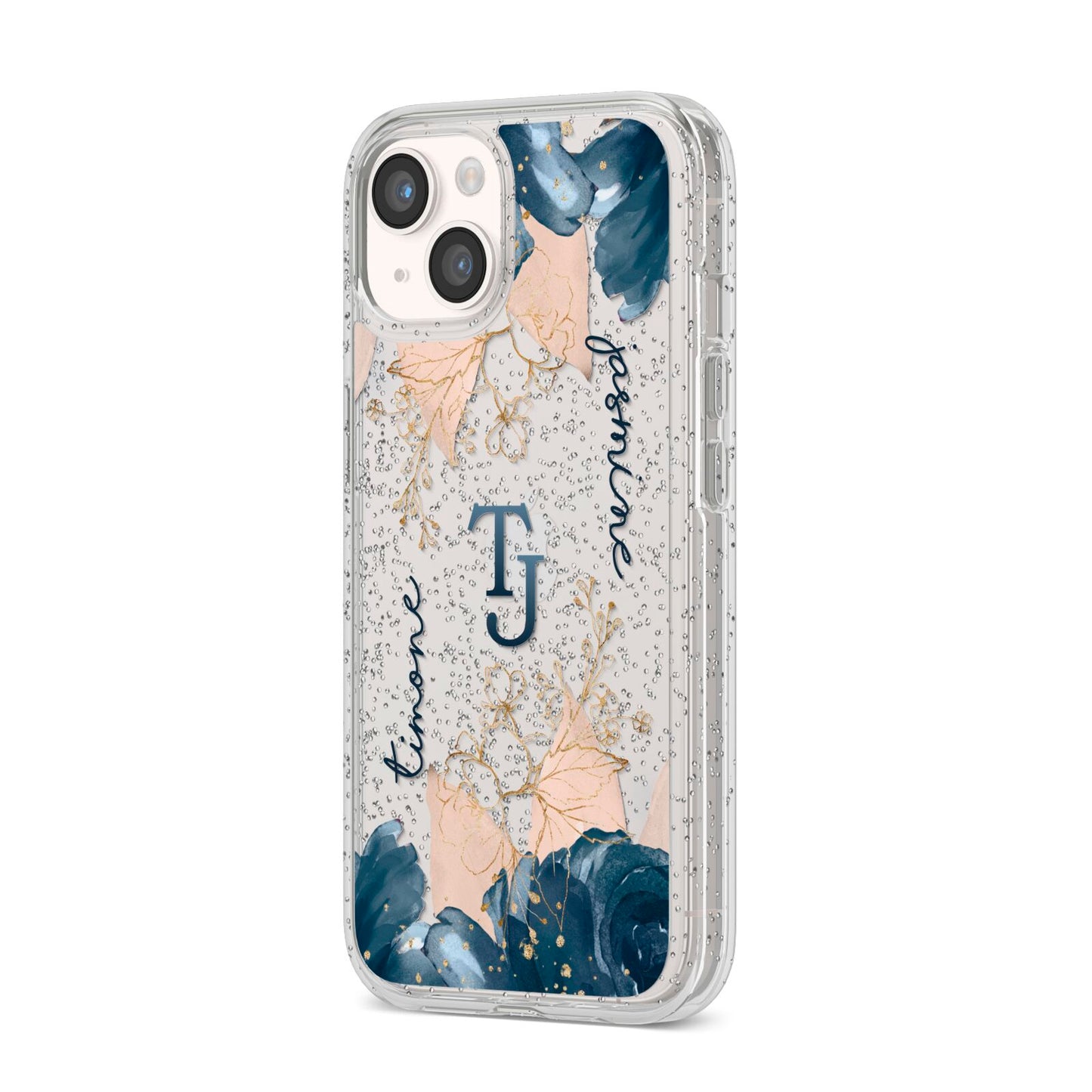 Monogrammed Florals iPhone 14 Glitter Tough Case Starlight Angled Image