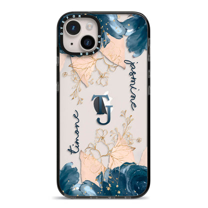Monogrammed Florals iPhone 14 Plus Black Impact Case on Silver phone