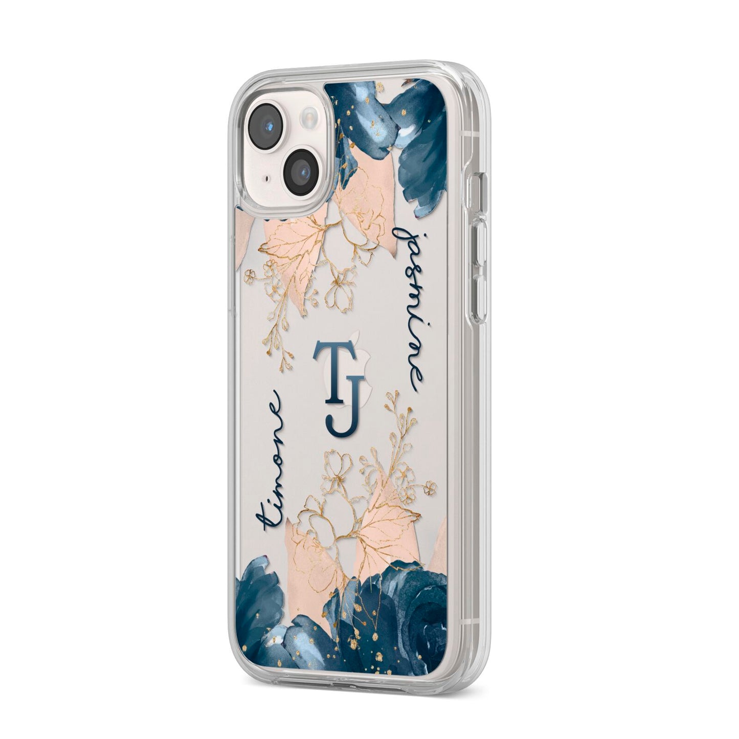 Monogrammed Florals iPhone 14 Plus Clear Tough Case Starlight Angled Image