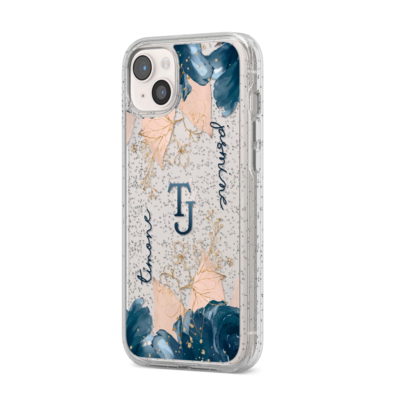 Monogrammed Florals iPhone 14 Plus Glitter Tough Case Starlight Angled Image