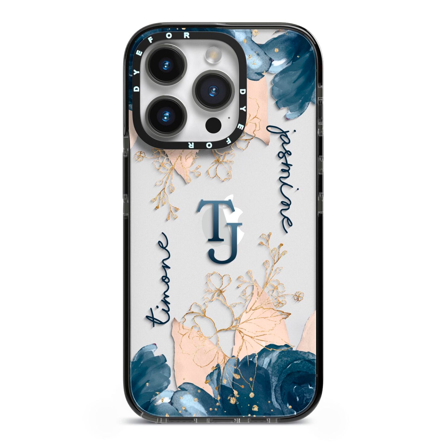 Monogrammed Florals iPhone 14 Pro Black Impact Case on Silver phone