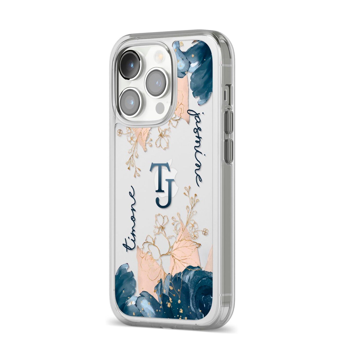 Monogrammed Florals iPhone 14 Pro Clear Tough Case Silver Angled Image