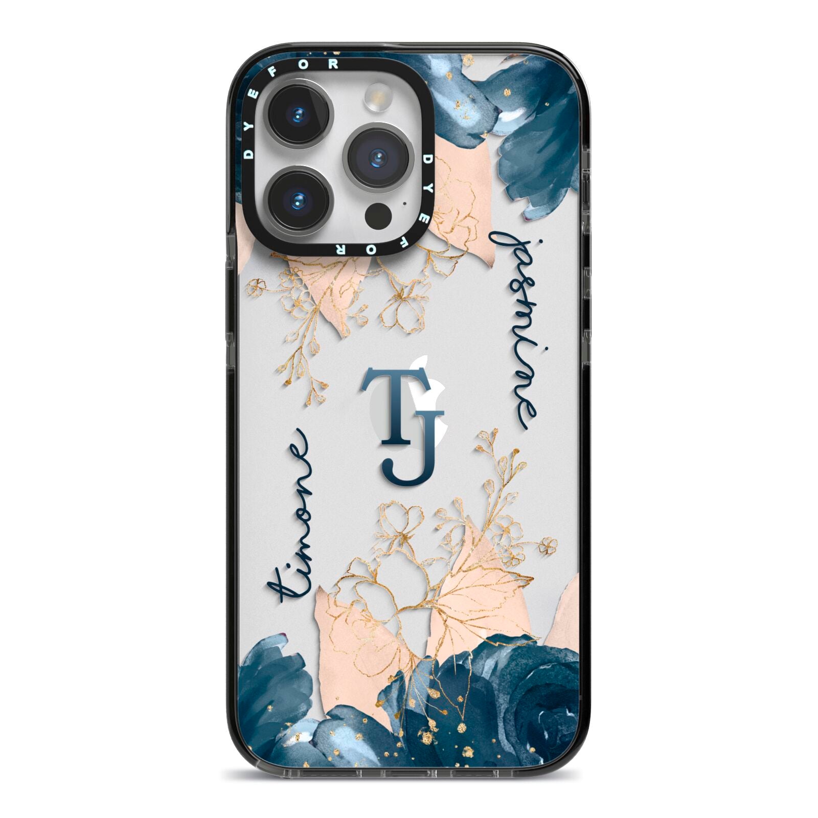 Monogrammed Florals iPhone 14 Pro Max Black Impact Case on Silver phone