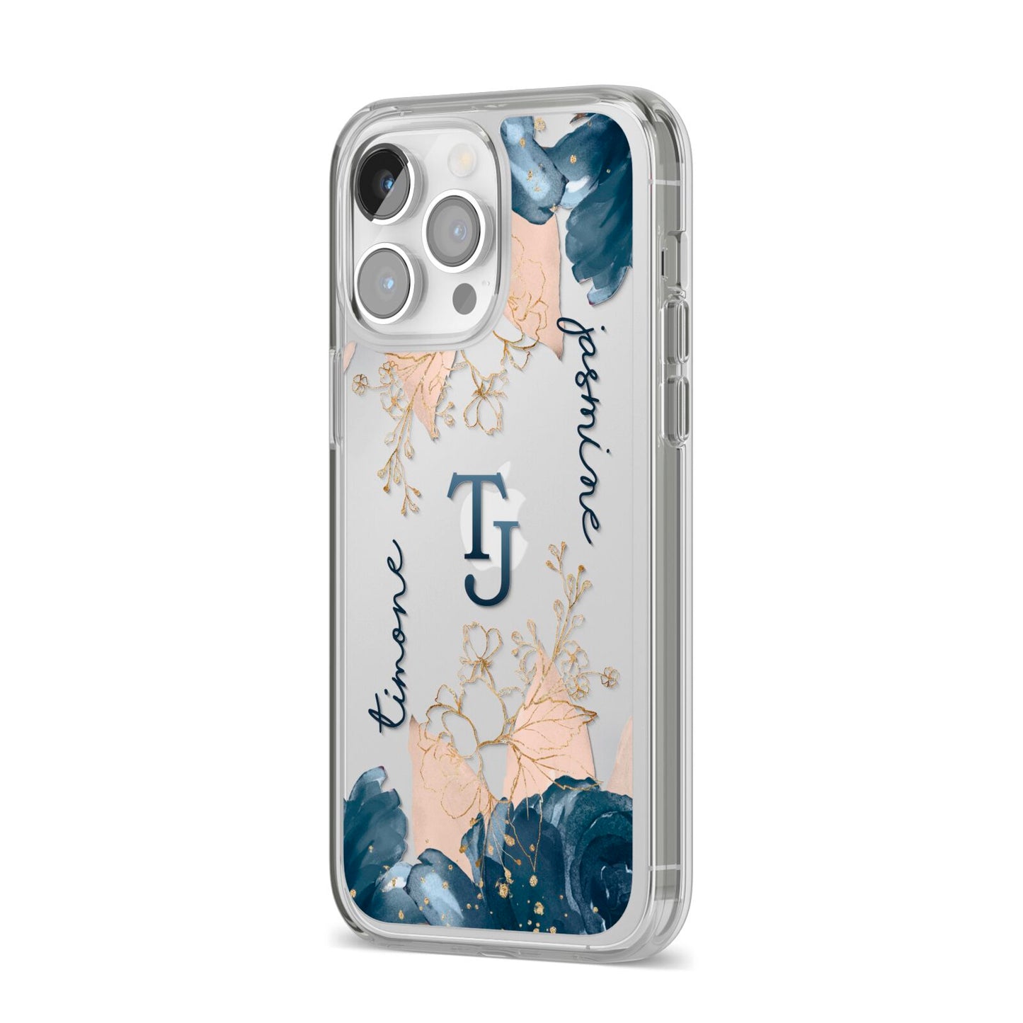 Monogrammed Florals iPhone 14 Pro Max Clear Tough Case Silver Angled Image