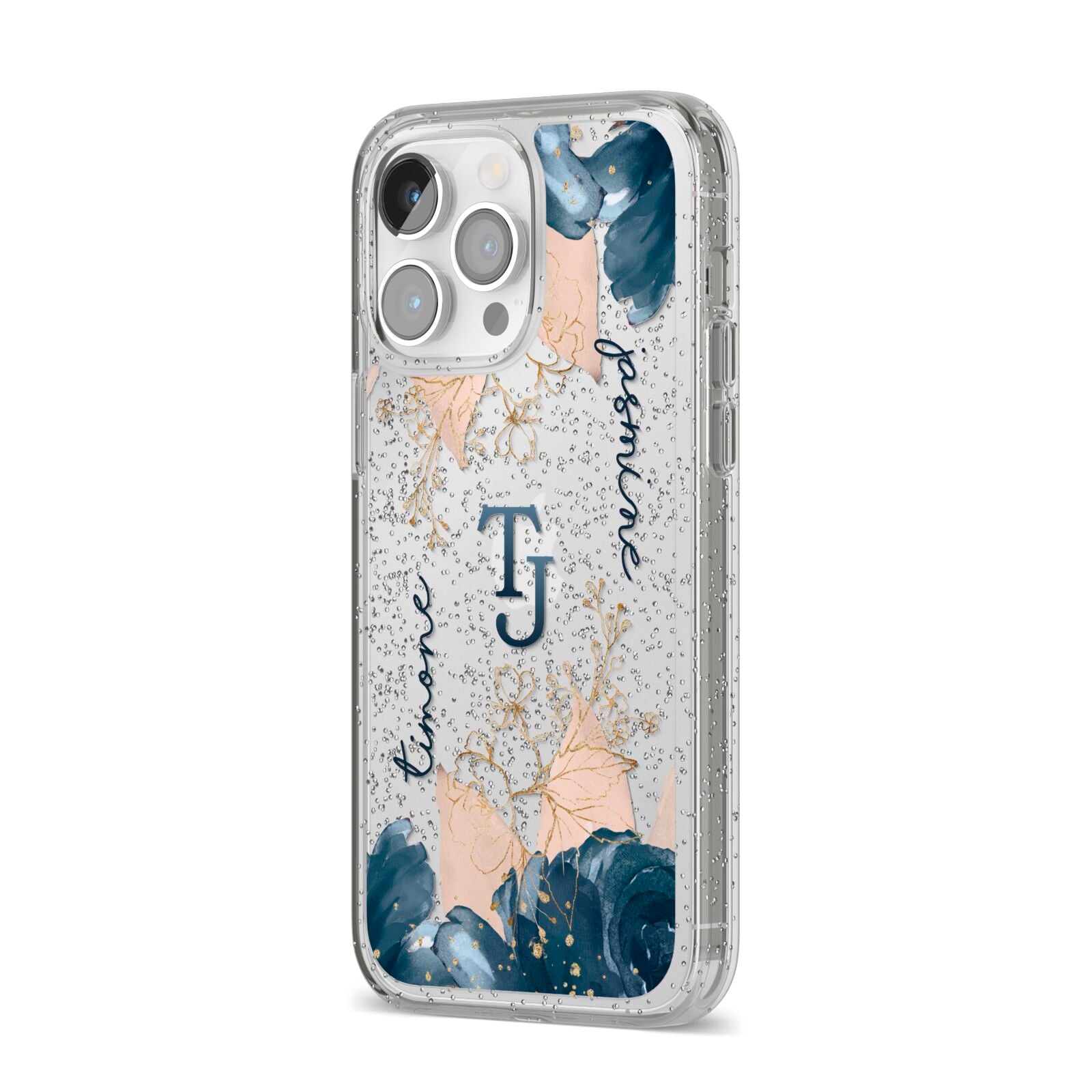 Monogrammed Florals iPhone 14 Pro Max Glitter Tough Case Silver Angled Image