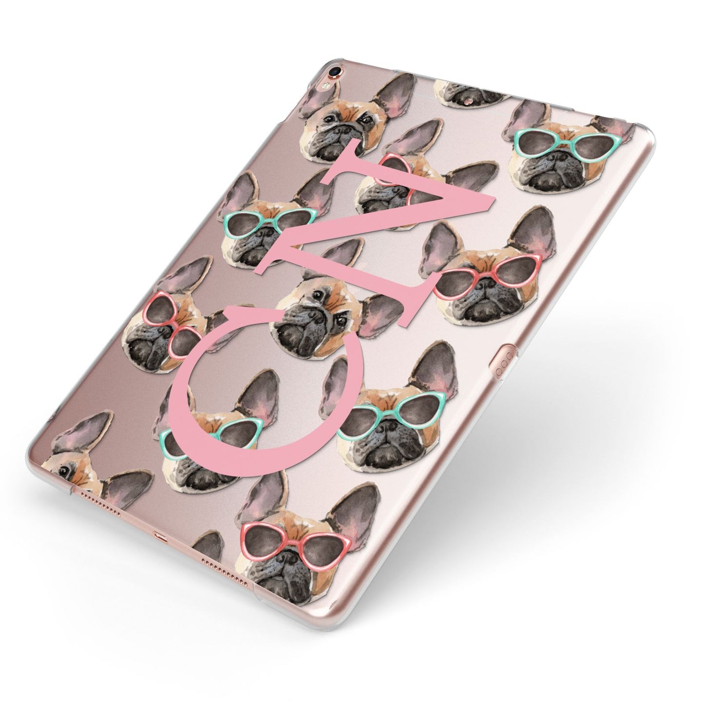 Monogrammed French Bulldog Apple iPad Case on Rose Gold iPad Side View