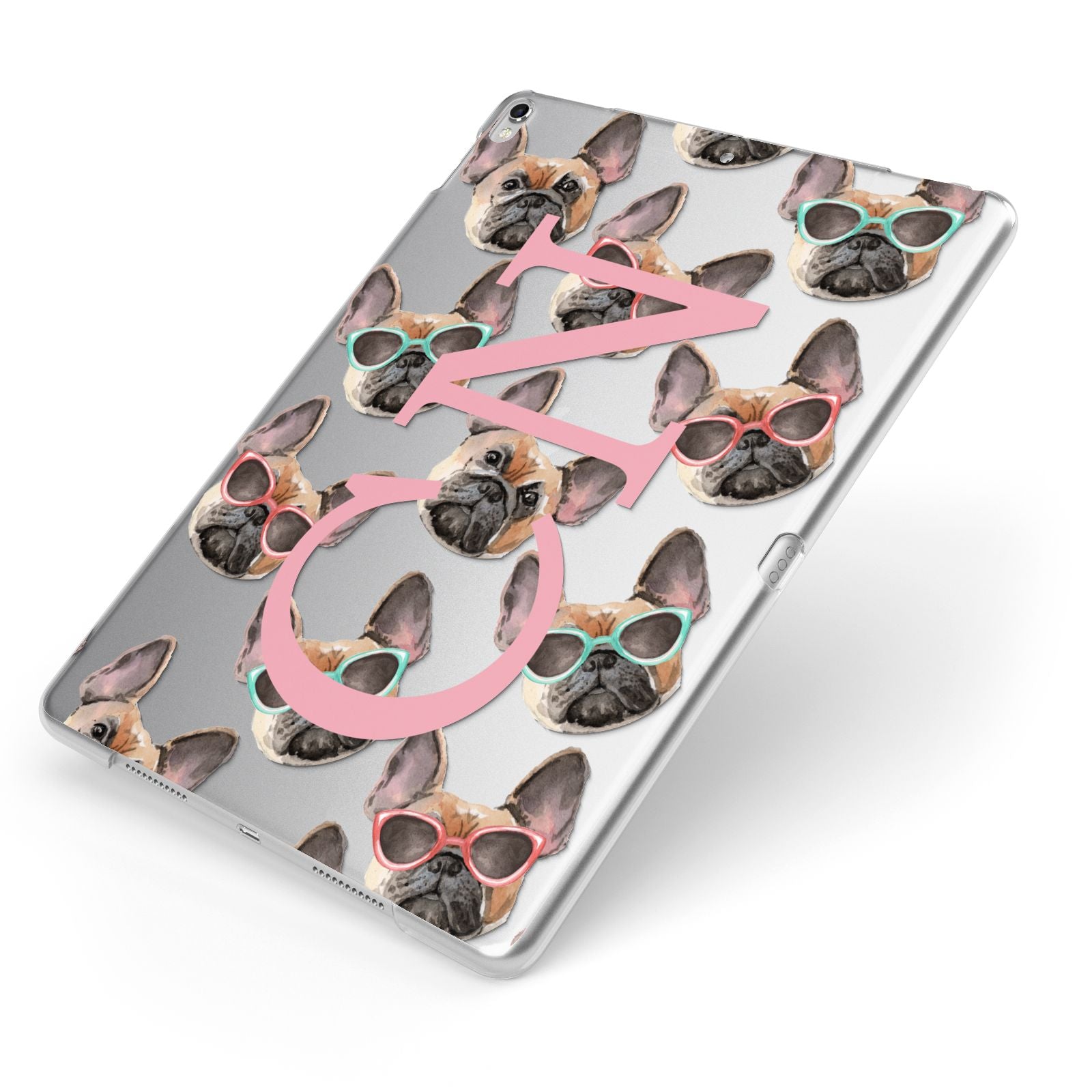 Monogrammed French Bulldog Apple iPad Case on Silver iPad Side View