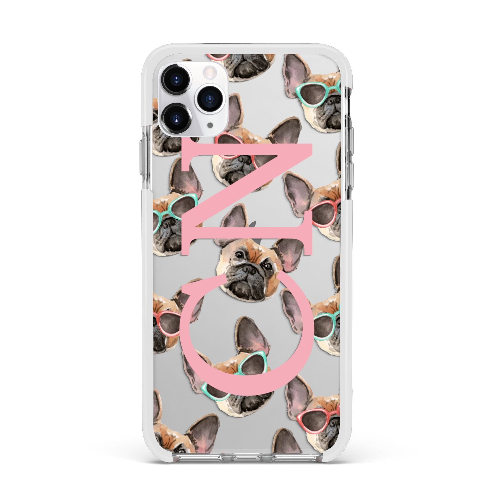 Monogrammed French Bulldog Apple iPhone 11 Pro Max in Silver with White Impact Case