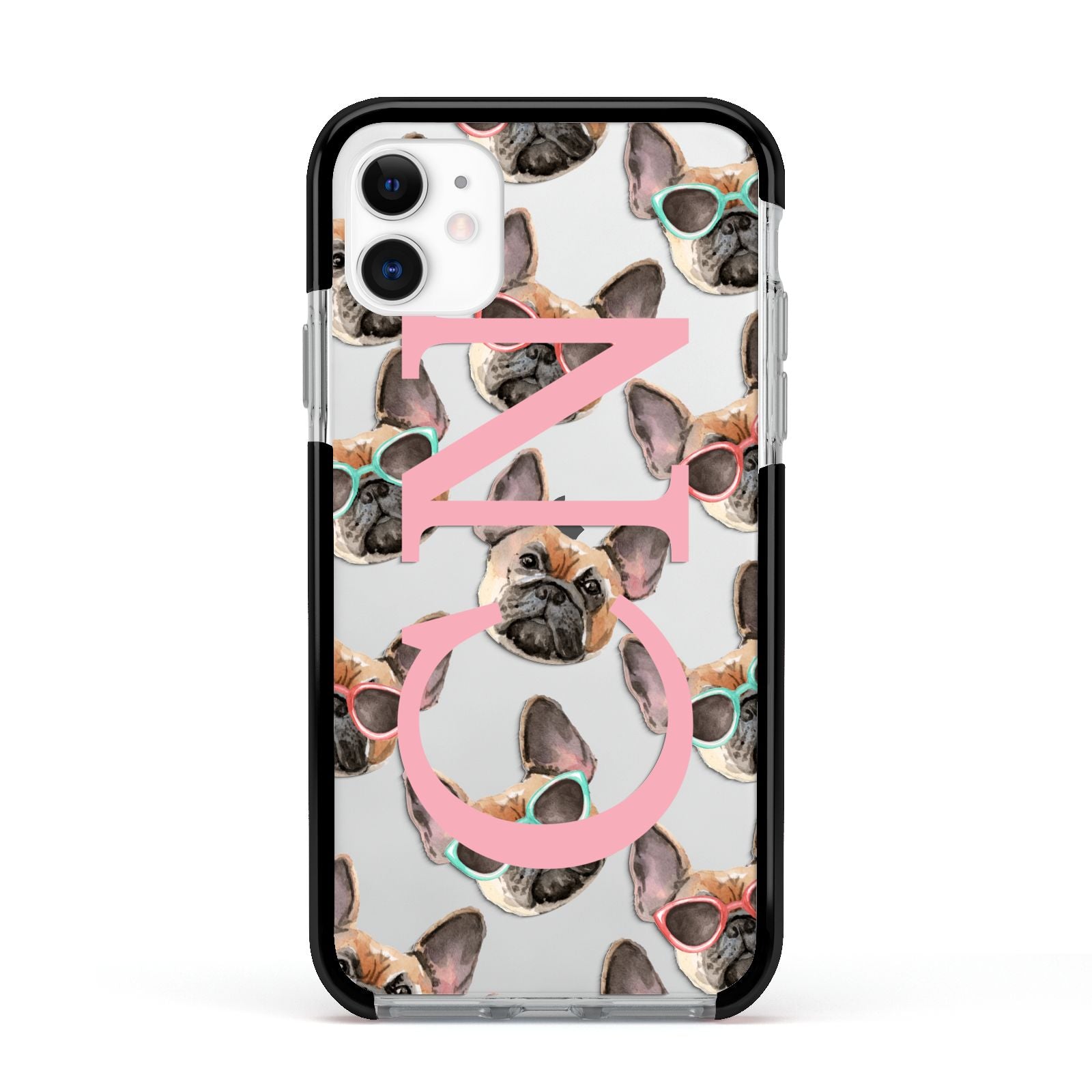 Monogrammed French Bulldog Apple iPhone 11 in White with Black Impact Case