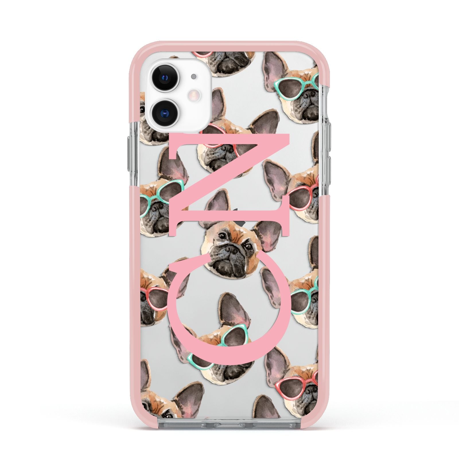 Monogrammed French Bulldog Apple iPhone 11 in White with Pink Impact Case