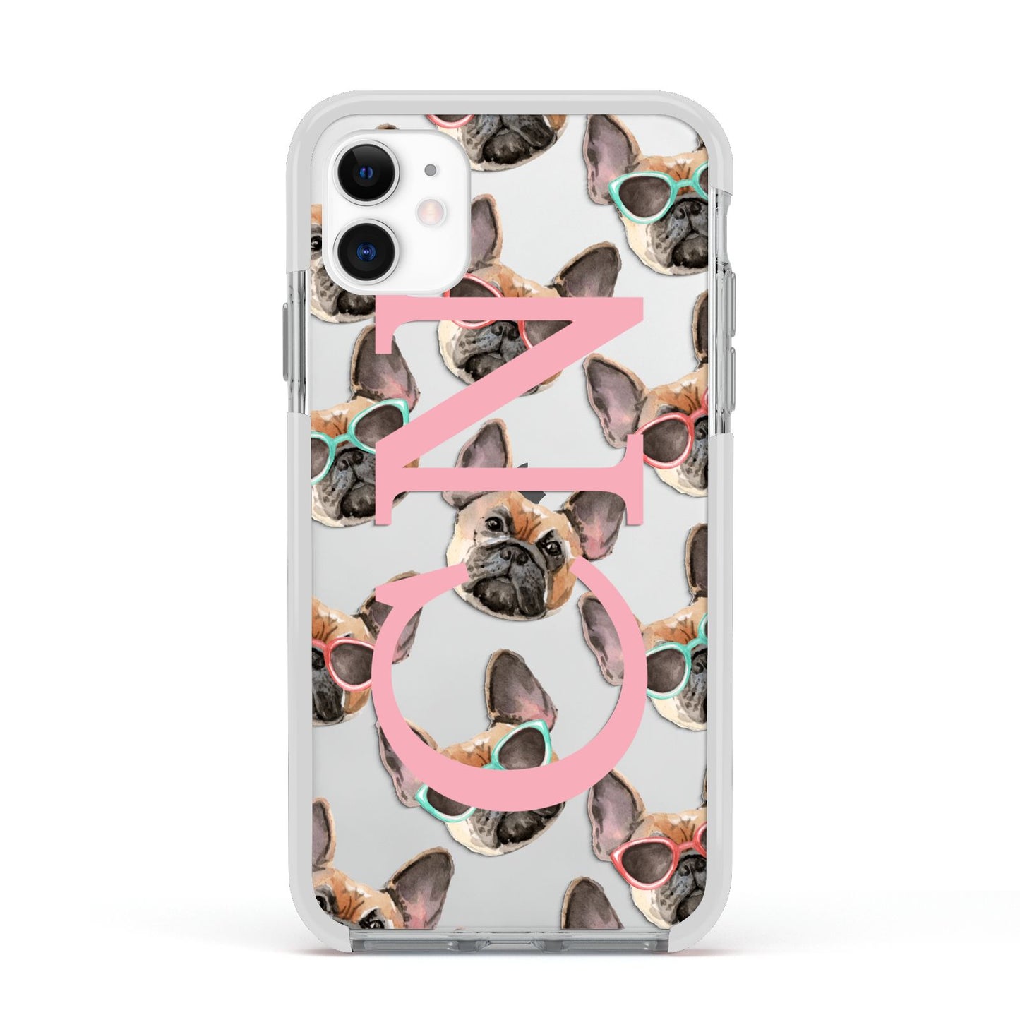 Monogrammed French Bulldog Apple iPhone 11 in White with White Impact Case