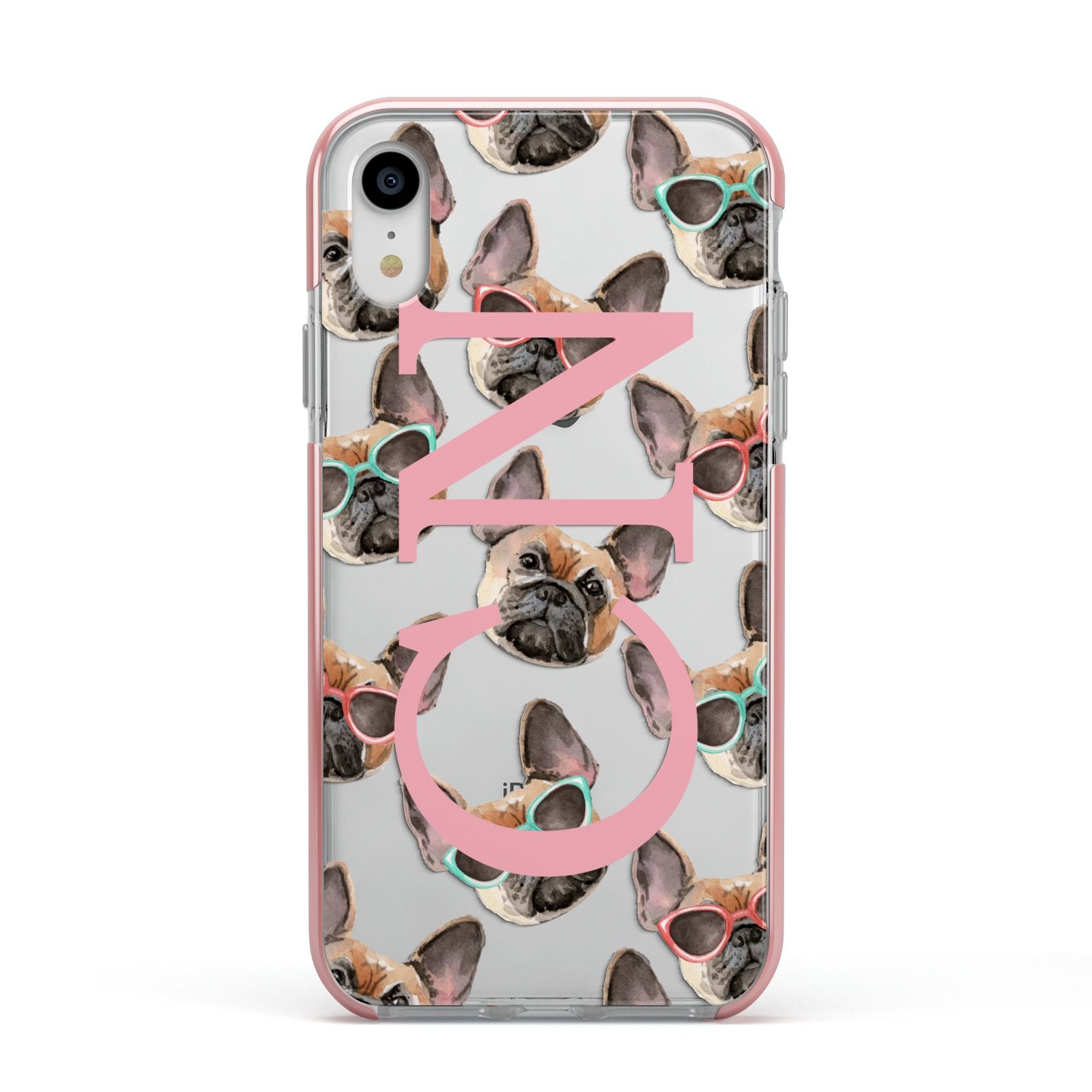 Monogrammed French Bulldog Apple iPhone XR Impact Case Pink Edge on Silver Phone