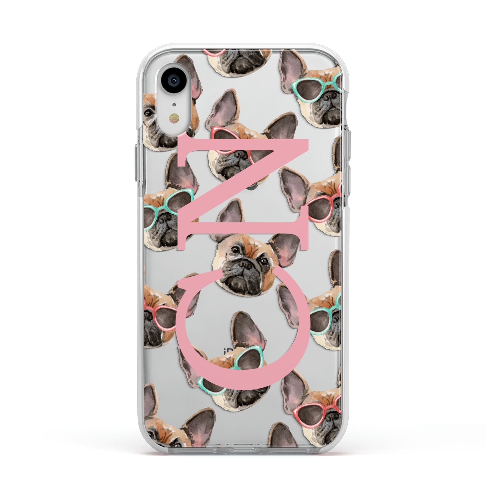 Monogrammed French Bulldog Apple iPhone XR Impact Case White Edge on Silver Phone