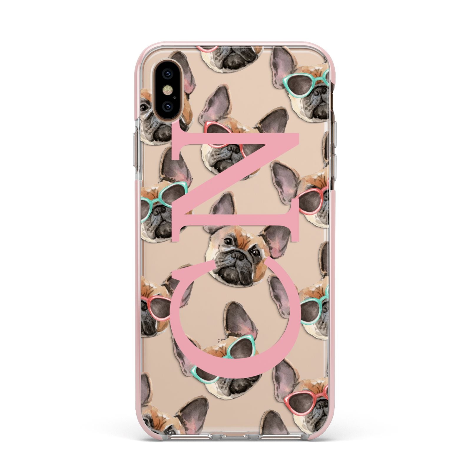 Monogrammed French Bulldog Apple iPhone Xs Max Impact Case Pink Edge on Gold Phone