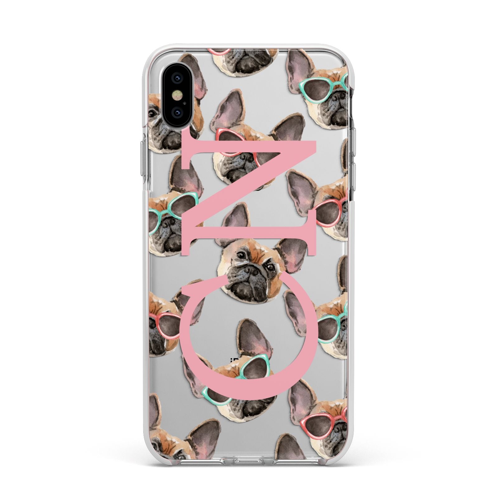 Monogrammed French Bulldog Apple iPhone Xs Max Impact Case White Edge on Silver Phone