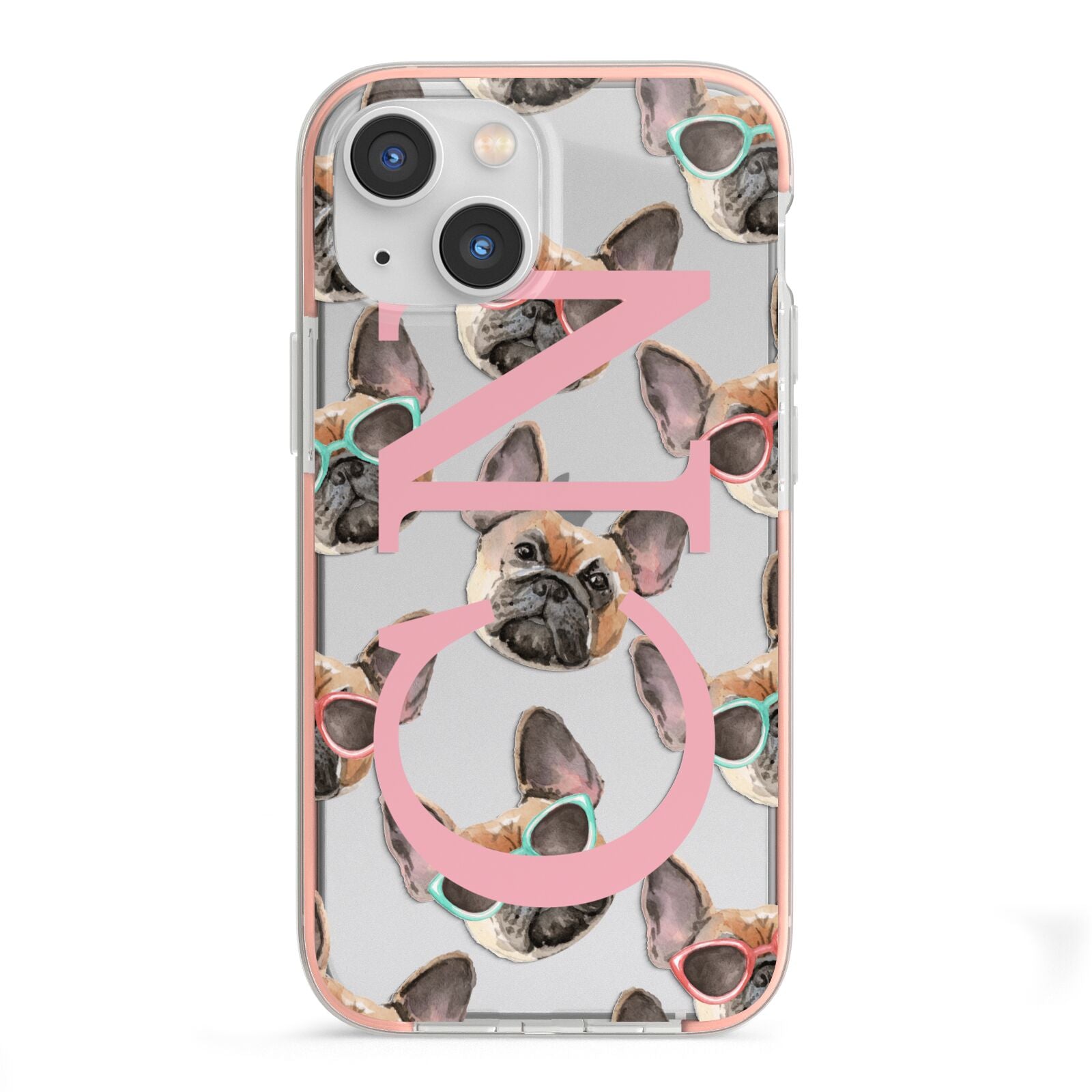 Monogrammed French Bulldog iPhone 13 Mini TPU Impact Case with Pink Edges