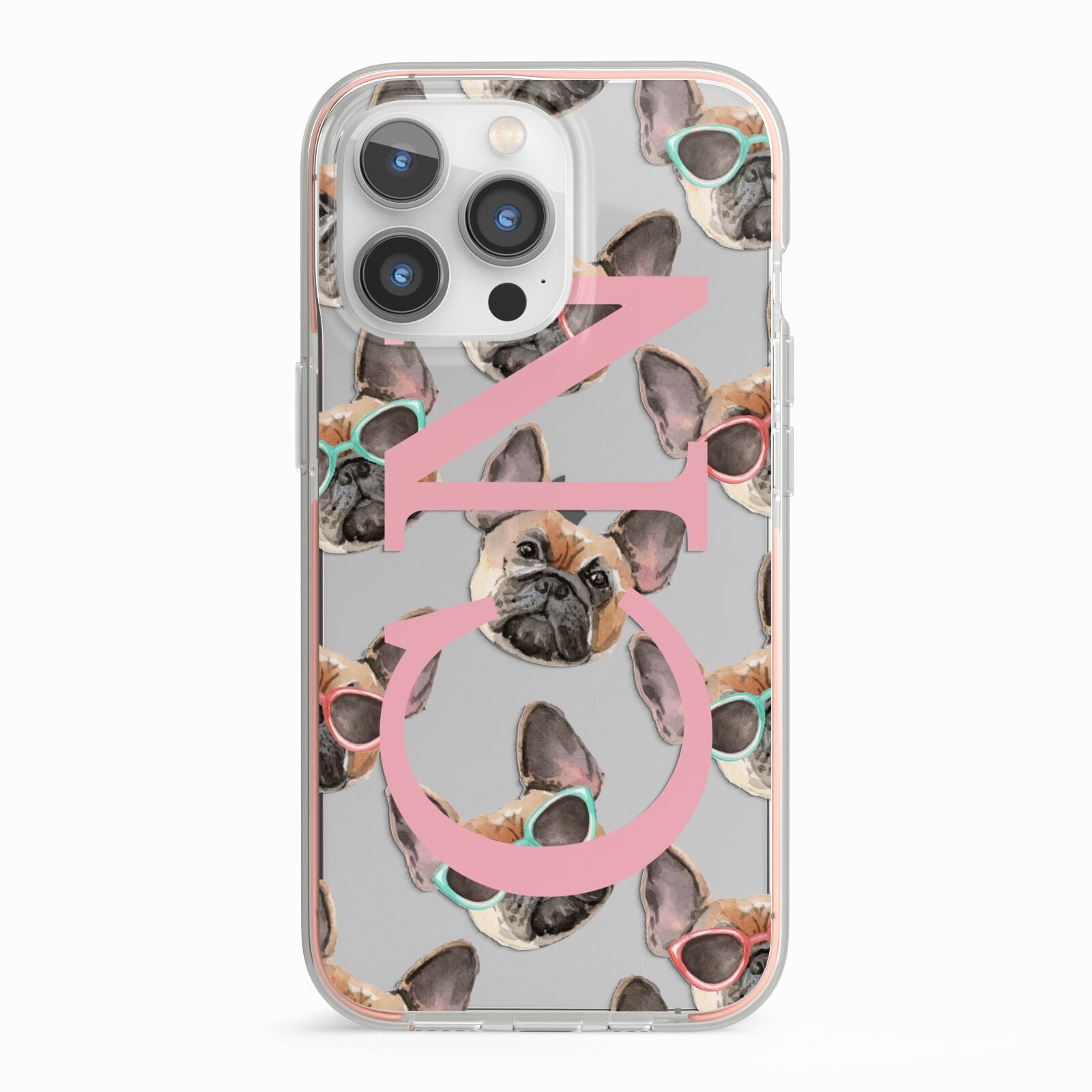 Monogrammed French Bulldog iPhone 13 Pro TPU Impact Case with Pink Edges