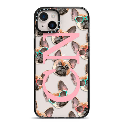 Monogrammed French Bulldog iPhone 14 Plus Black Impact Case on Silver phone