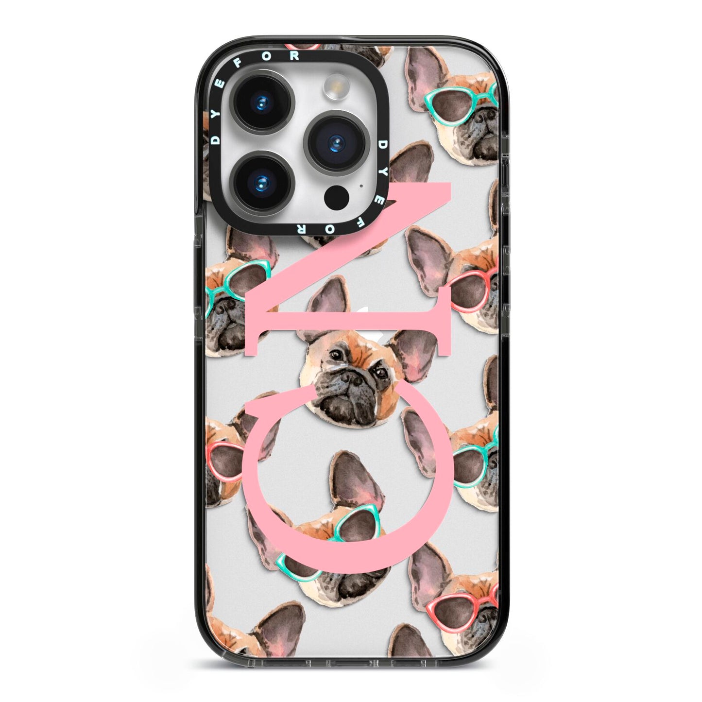 Monogrammed French Bulldog iPhone 14 Pro Black Impact Case on Silver phone