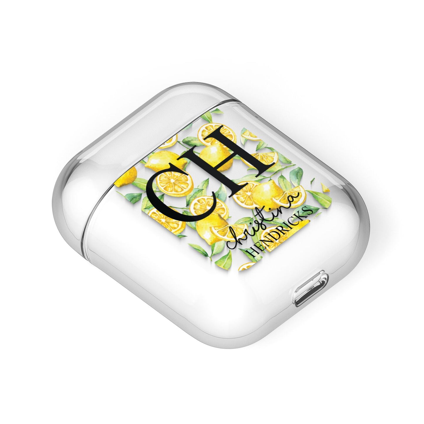 Monogrammed Lemon Fruit AirPods Case Laid Flat