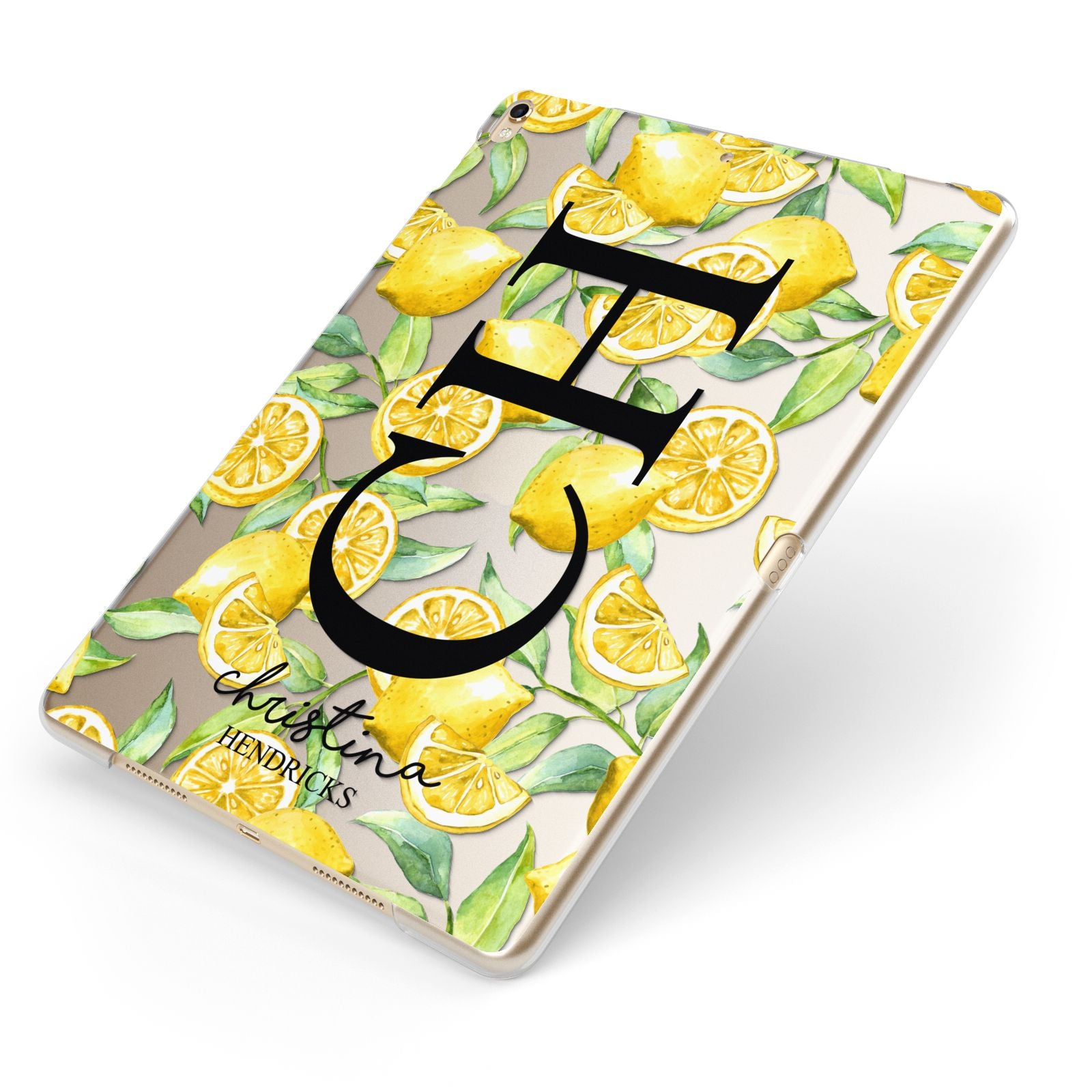 Monogrammed Lemon Fruit Apple iPad Case on Gold iPad Side View