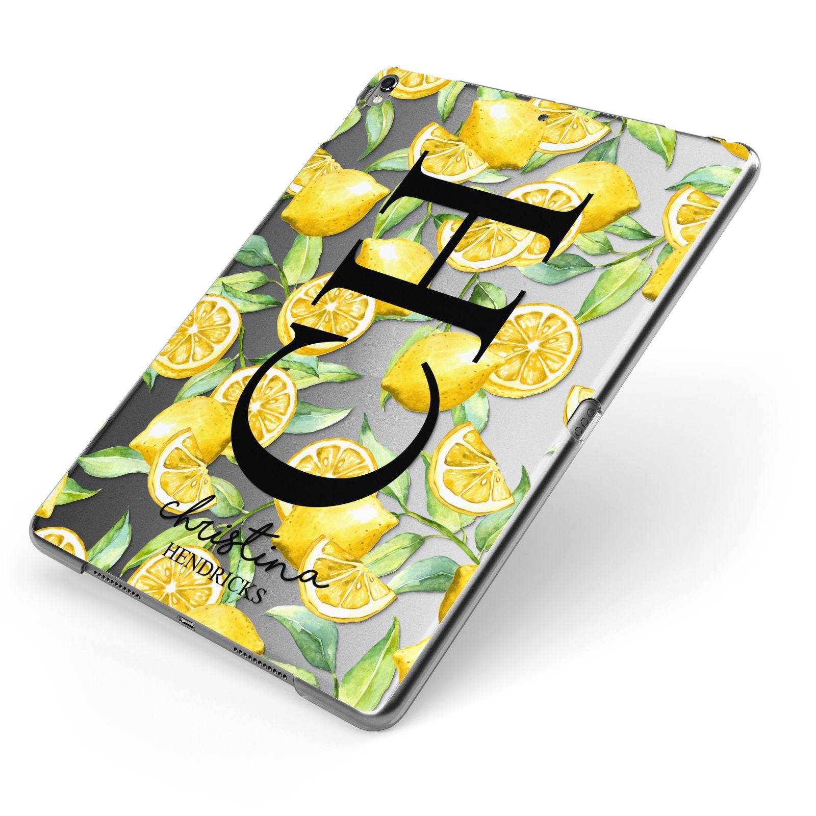 Monogrammed Lemon Fruit Apple iPad Case on Grey iPad Side View