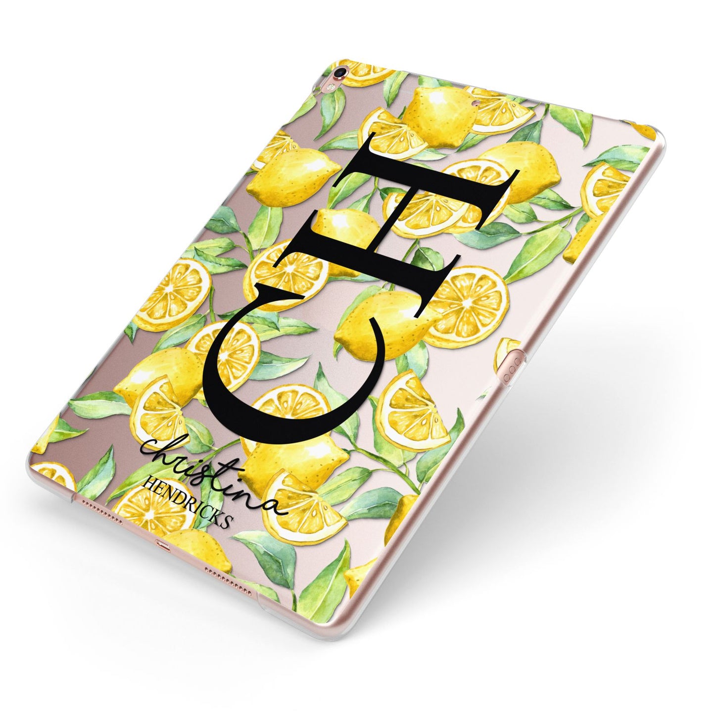 Monogrammed Lemon Fruit Apple iPad Case on Rose Gold iPad Side View