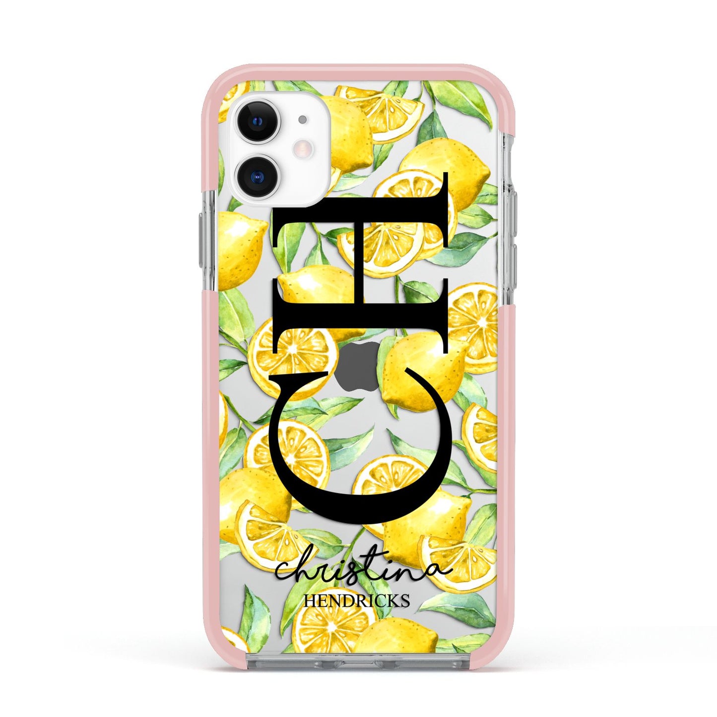 Monogrammed Lemon Fruit Apple iPhone 11 in White with Pink Impact Case
