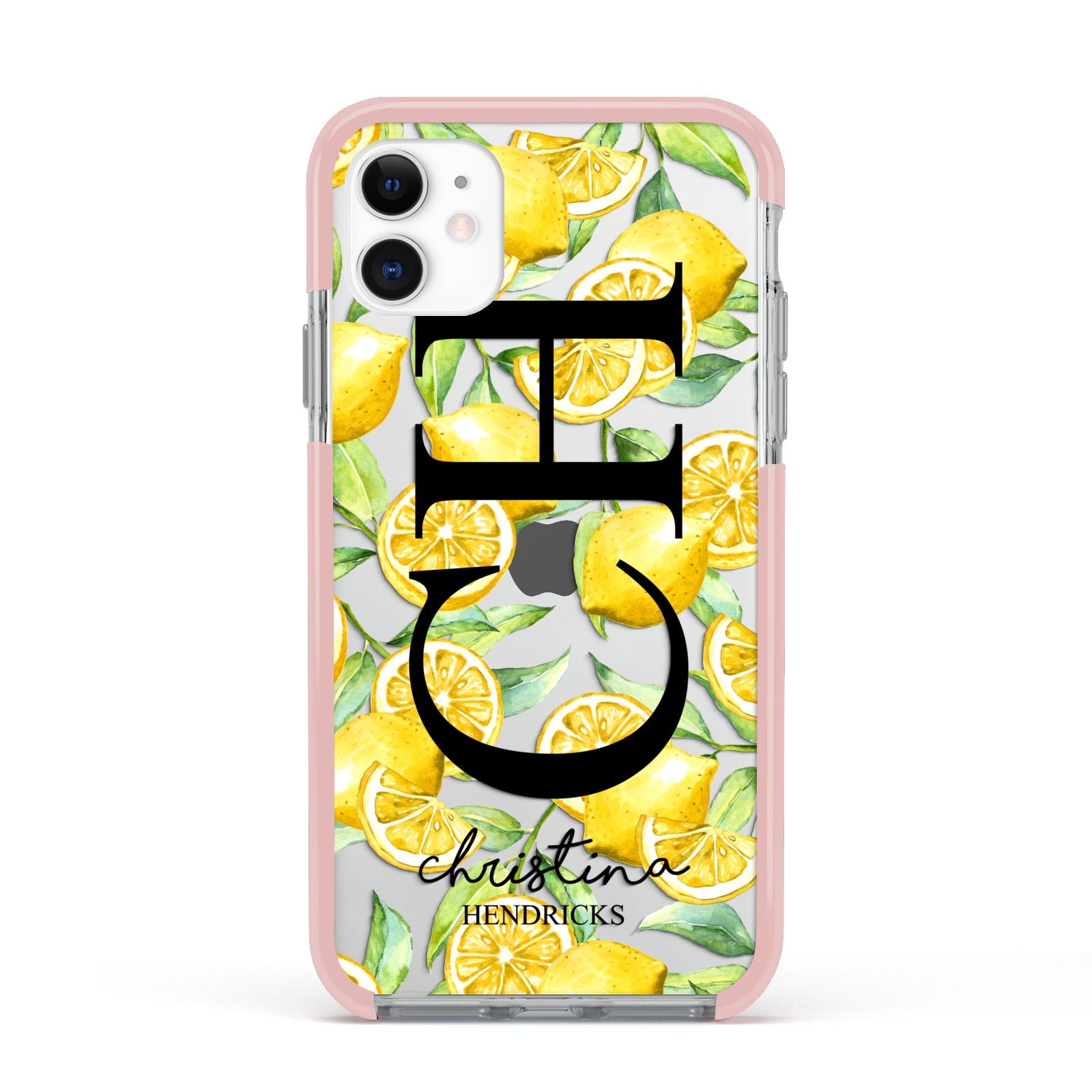 Monogrammed Lemon Fruit Apple iPhone 11 in White with Pink Impact Case