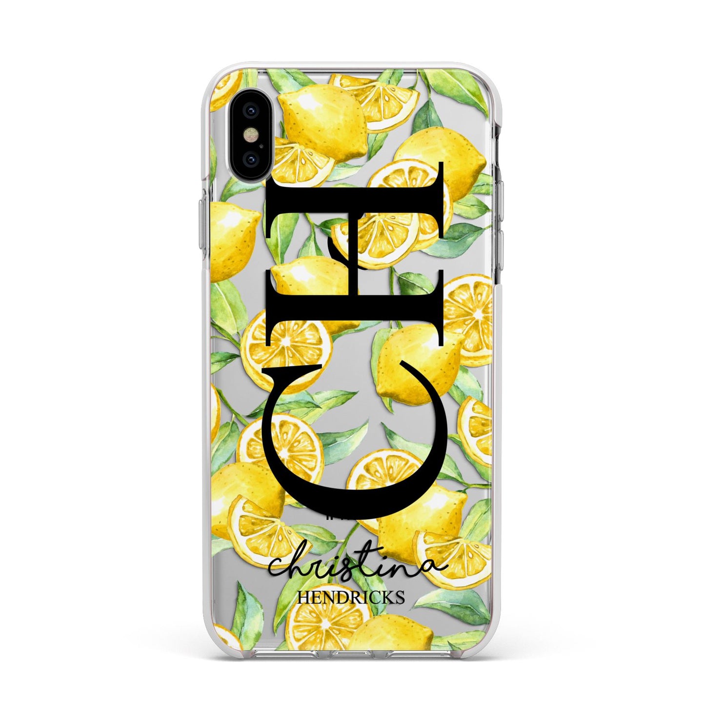 Monogrammed Lemon Fruit Apple iPhone Xs Max Impact Case White Edge on Silver Phone