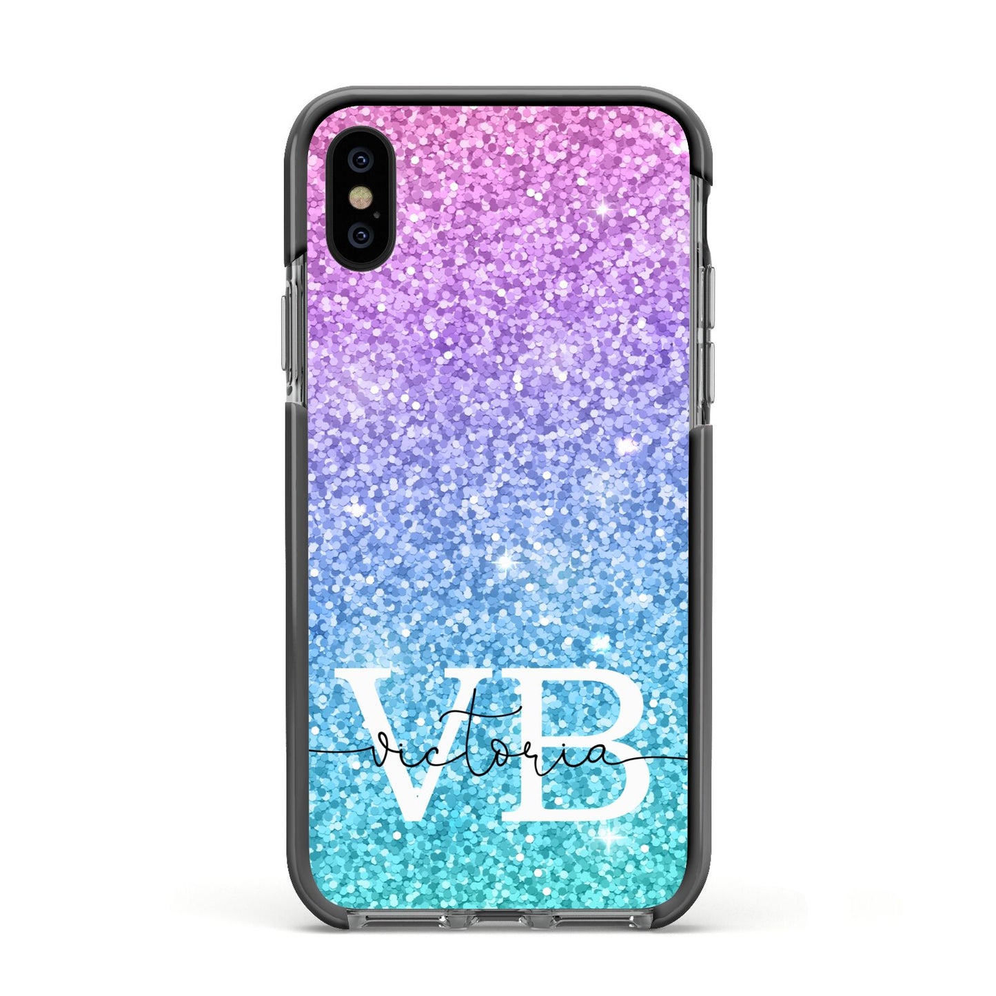 Monogrammed Multi Colour Glitter Name Apple iPhone Xs Impact Case Black Edge on Black Phone