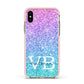 Monogrammed Multi Colour Glitter Name Apple iPhone Xs Impact Case Pink Edge on Silver Phone