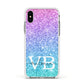 Monogrammed Multi Colour Glitter Name Apple iPhone Xs Impact Case White Edge on Silver Phone