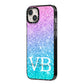 Monogrammed Multi Colour Glitter Name iPhone 14 Plus Black Impact Case Side Angle on Silver phone