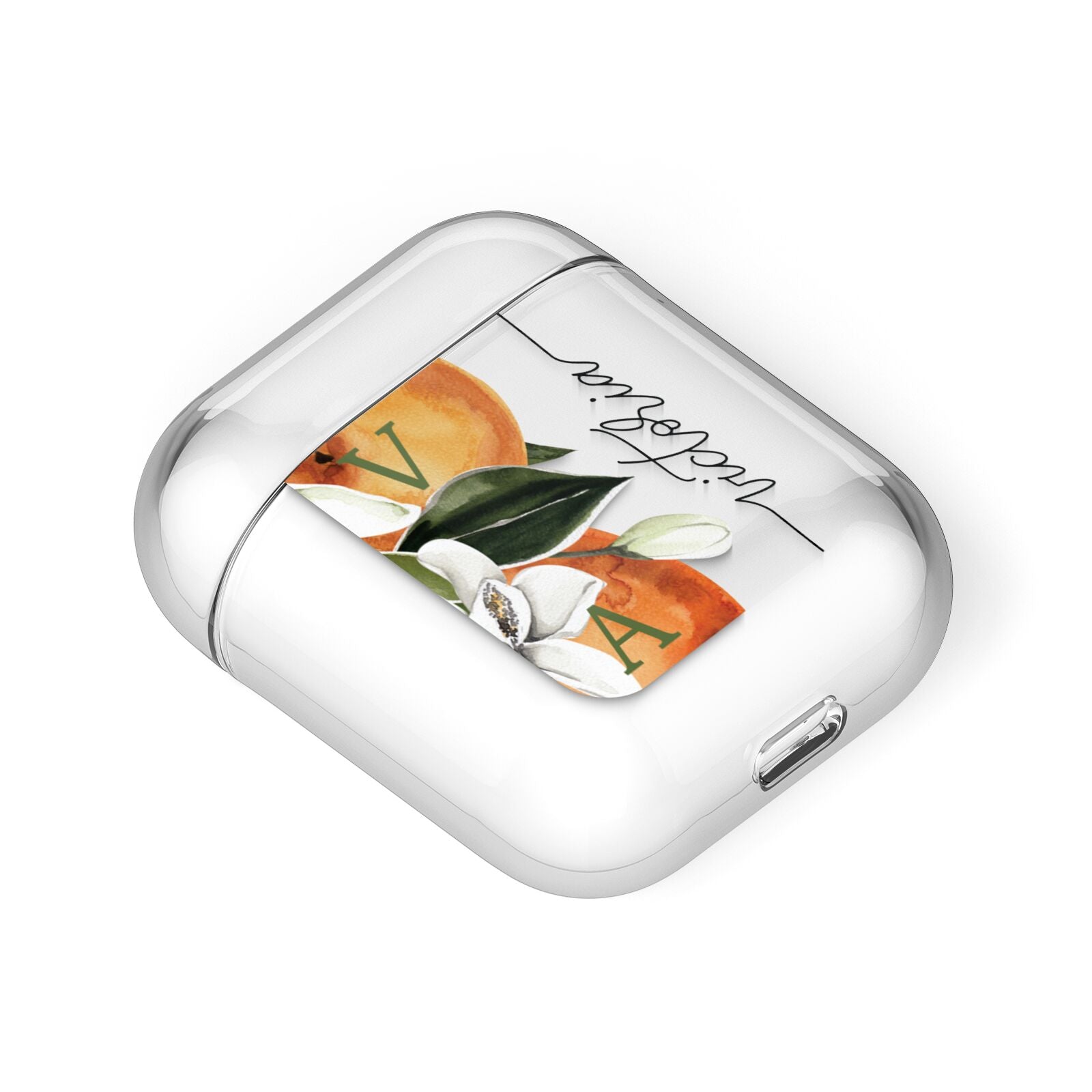 Monogrammed Orange Tree AirPods Case Laid Flat