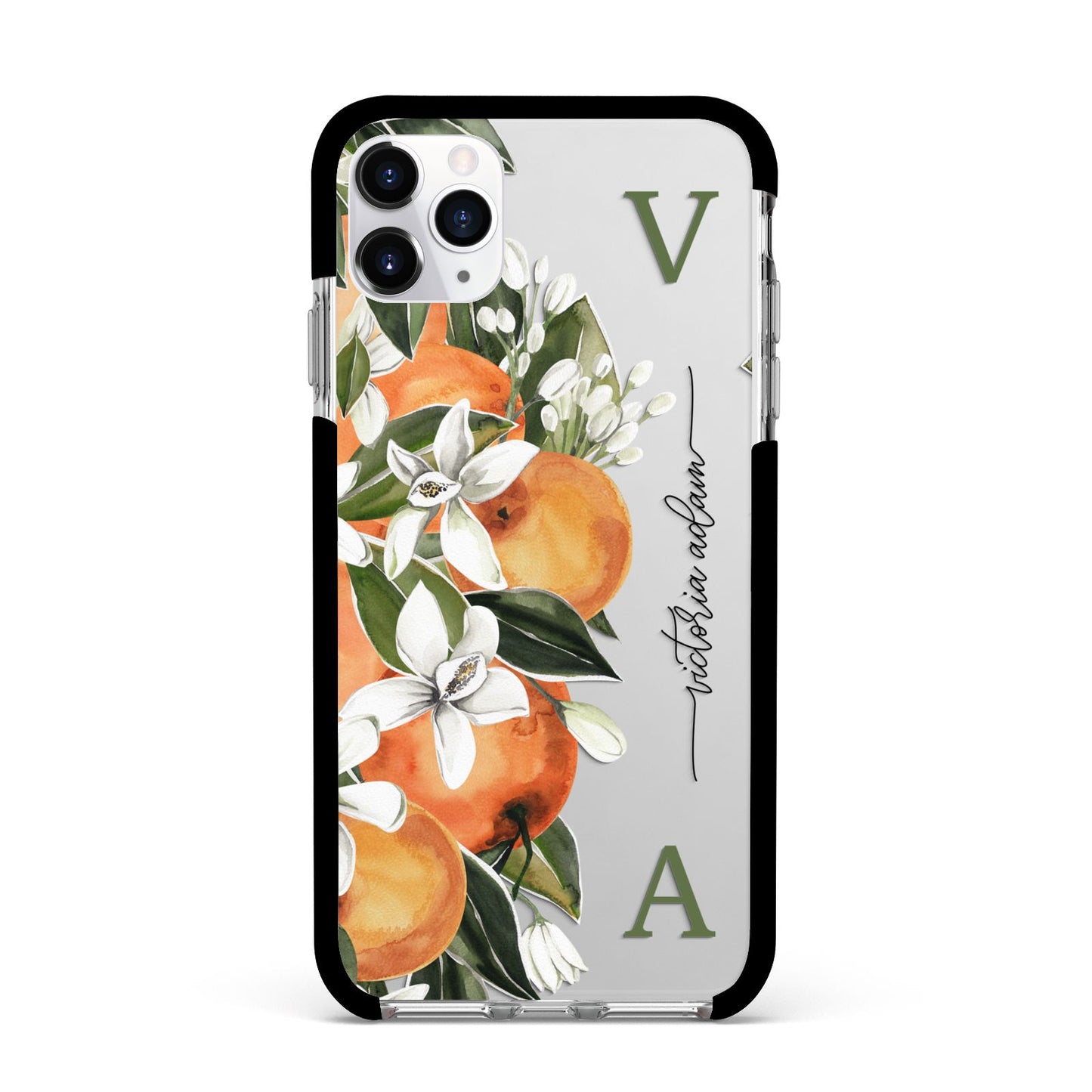 Monogrammed Orange Tree Apple iPhone 11 Pro Max in Silver with Black Impact Case