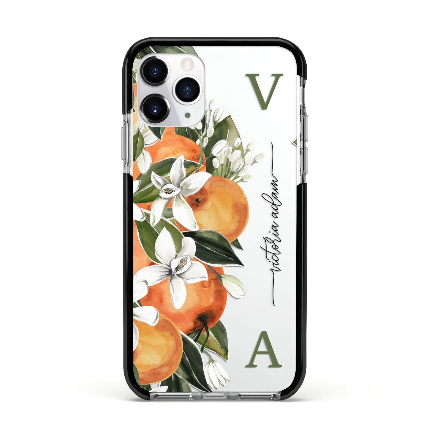 Monogrammed Orange Tree Apple iPhone 11 Pro in Silver with Black Impact Case