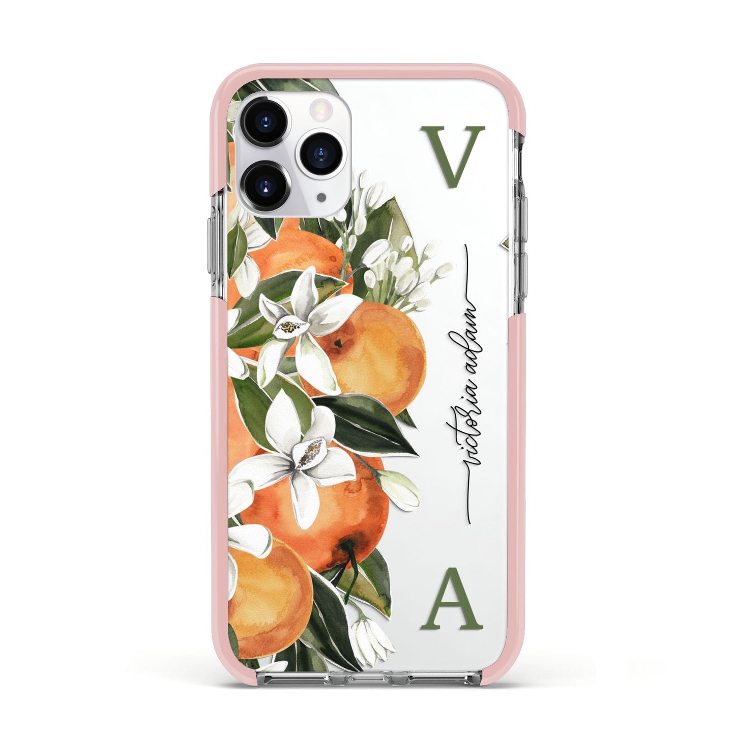 Monogrammed Orange Tree Apple iPhone 11 Pro in Silver with Pink Impact Case